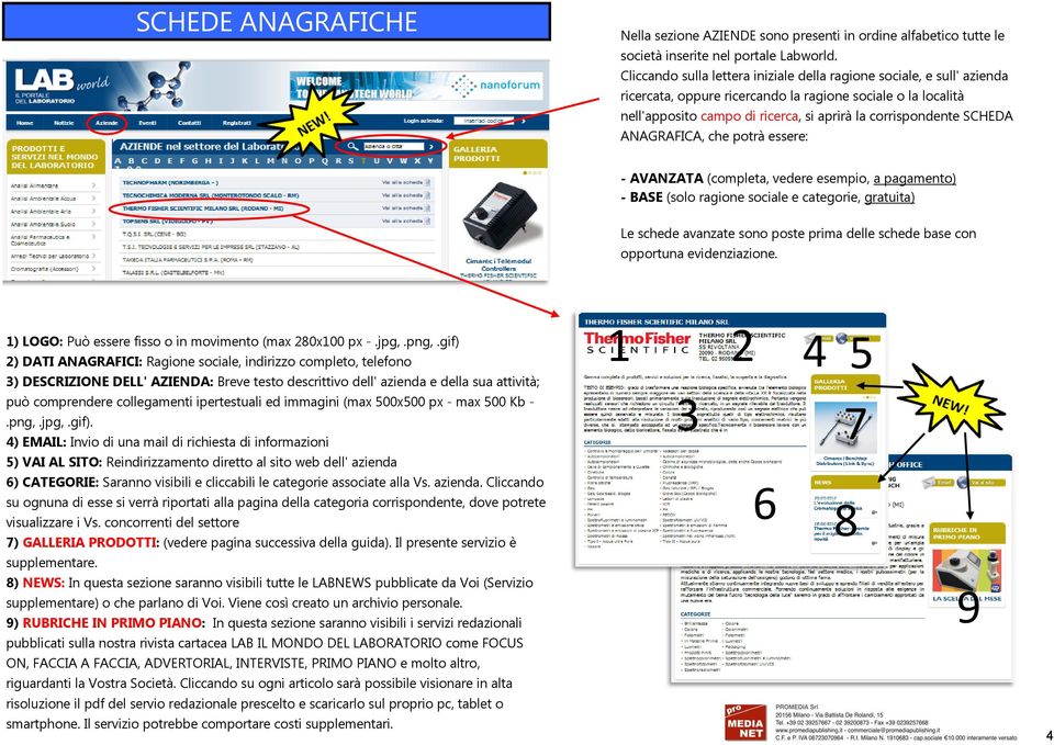 SCHEDA ANAGRAFICA, che potrà essere: - AVANZATA (completa, vedere esempio, a pagamento) - BASE (solo ragione sociale e categorie, gratuita) Le schede avanzate sono poste prima delle schede base con