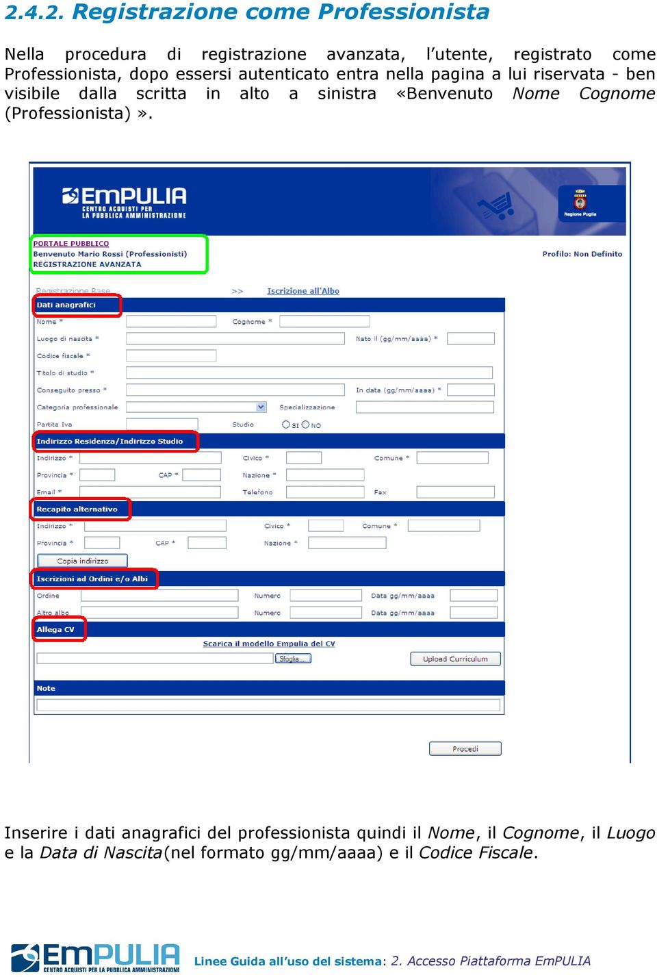 scritta in alto a sinistra «Benvenuto Nome Cognome (Professionista)».