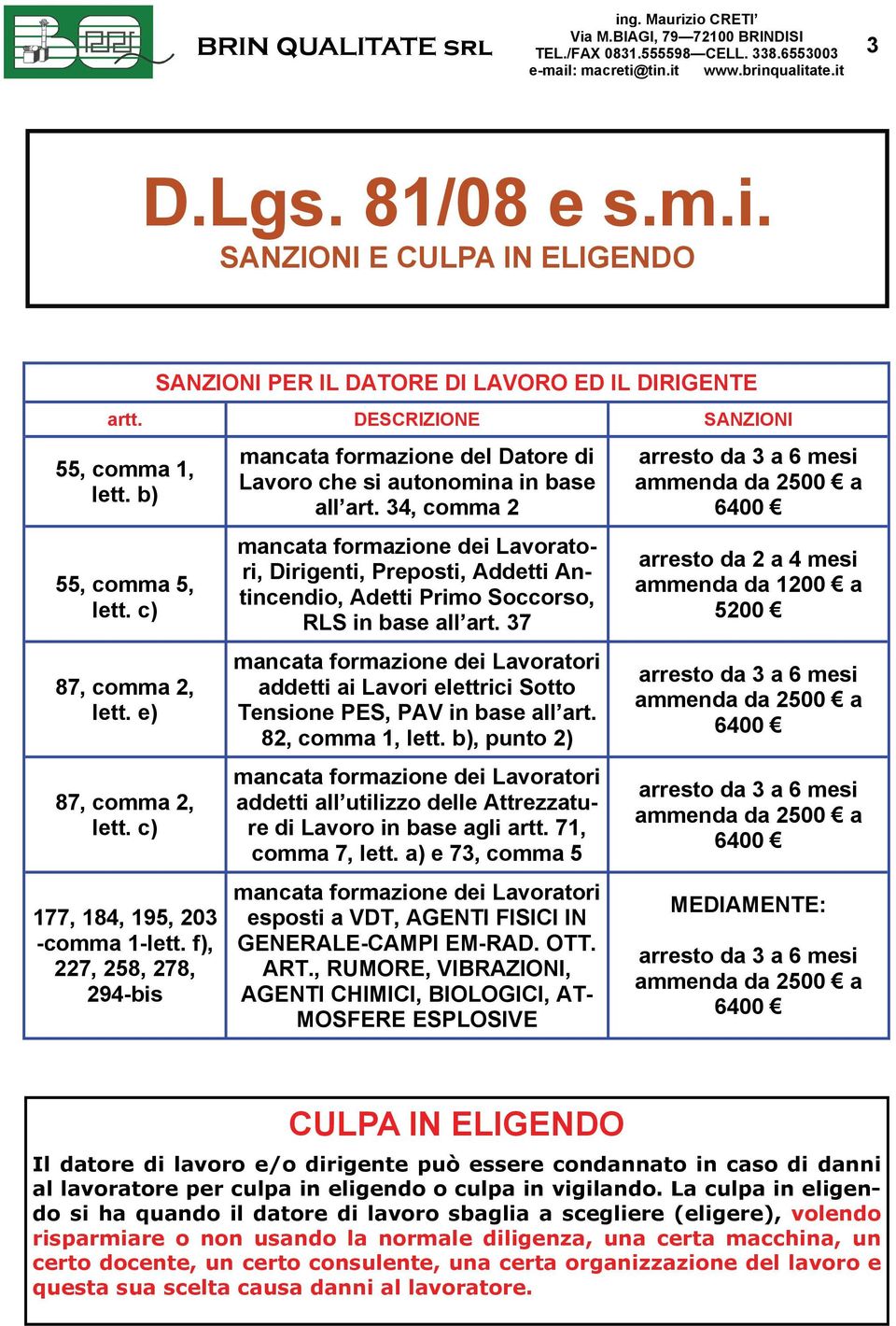 34, comma 2 mancata formazione dei Lavoratori, Dirigenti, Preposti, Addetti Antincendio, Adetti Primo Soccorso, RLS in base all art.