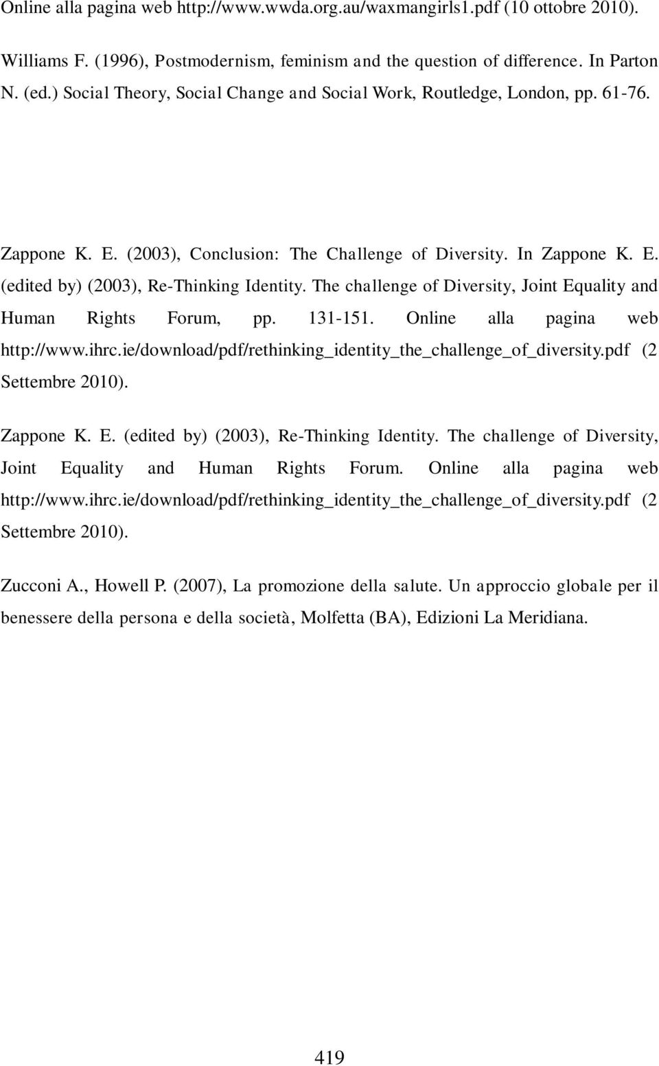 The challenge of Diversity, Joint Equality and Human Rights Forum, pp. 131-151. Online alla pagina web http://www.ihrc.ie/download/pdf/rethinking_identity_the_challenge_of_diversity.