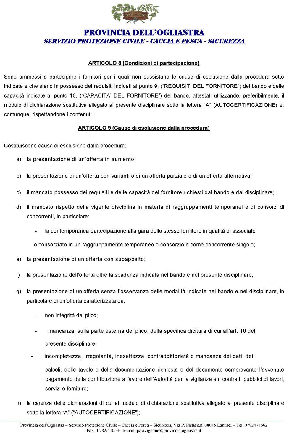 ( CAPACITA DEL FORNITORE ) del bando, attestati utilizzando, preferibilmente, il modulo di dichiarazione sostitutiva allegato al presente disciplinare sotto la lettera A (AUTOCERTIFICAZIONE) e,