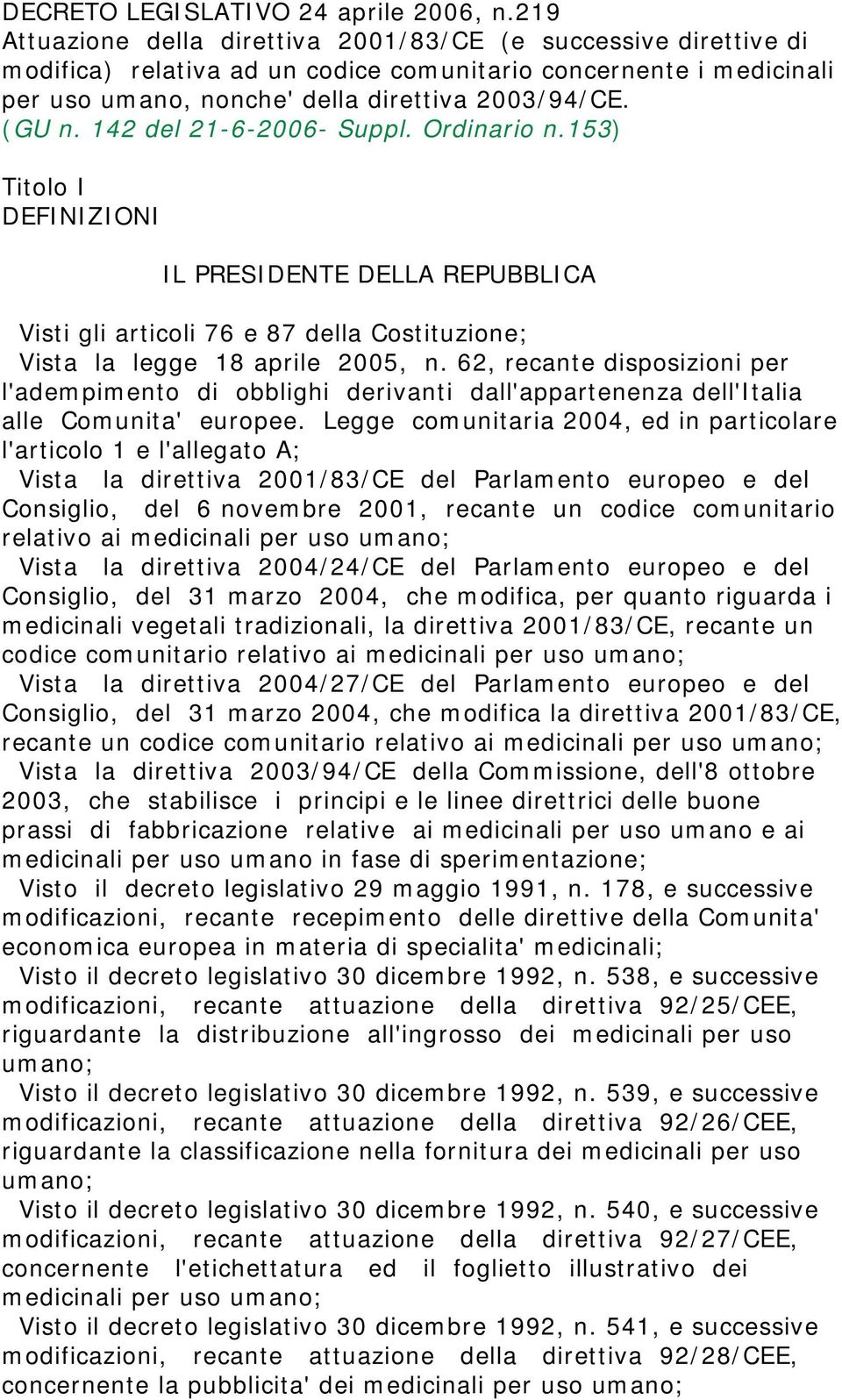 142 del 21-6-2006- Suppl. Ordinario n.153) Titolo I DEFINIZIONI IL PRESIDENTE DELLA REPUBBLICA Visti gli articoli 76 e 87 della Costituzione; Vista la legge 18 aprile 2005, n.