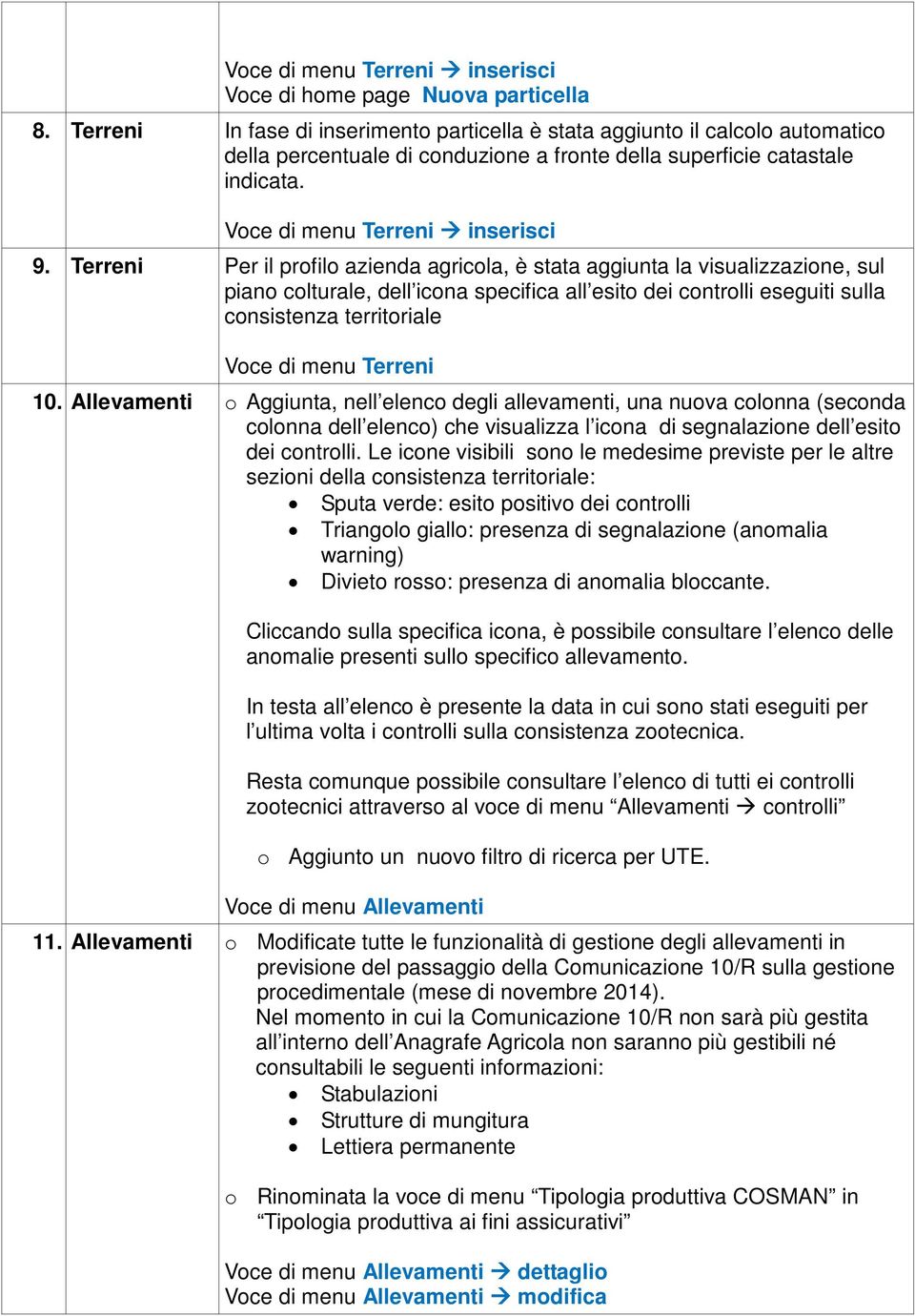 Terreni Per il profilo azienda agricola, è stata aggiunta la visualizzazione, sul piano colturale, dell icona specifica all esito dei controlli eseguiti sulla consistenza territoriale Voce di menu