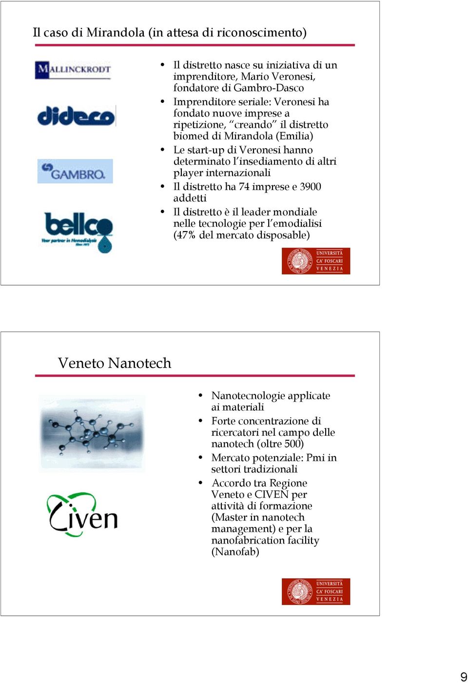 addetti Il distretto è il leader mondiale nelle tecnologie per l emodialisi (47% del mercato disposable) Veneto Nanotech Nanotecnologie applicate ai materiali Forte concentrazione di ricercatori nel