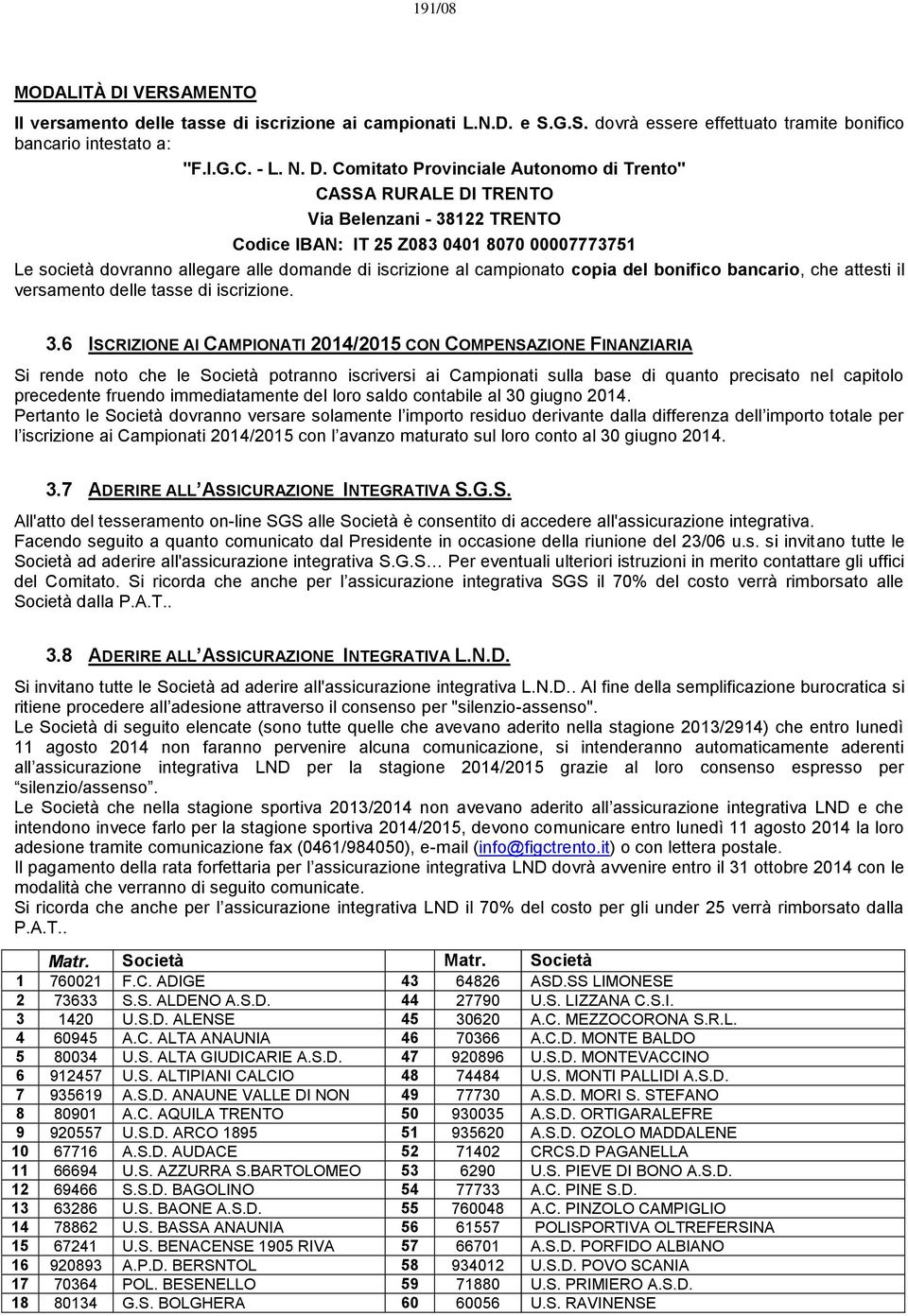 Comitato Provinciale Autonomo di Trento" CASSA RURALE DI TRENTO Via Belenzani - 38122 TRENTO Codice IBAN: IT 25 Z083 0401 8070 00007773751 Le società dovranno allegare alle domande di iscrizione al