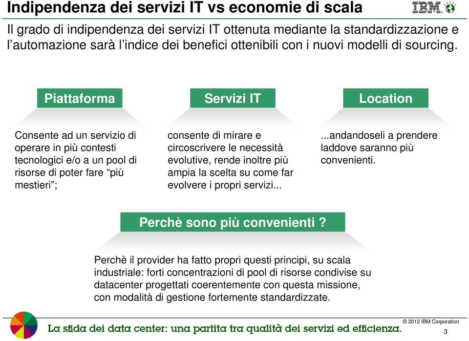 Piattaforma Servizi IT Location Consente ad un servizio di operare in più contesti tecnologici e/o a un pool di risorse di poter fare più mestieri ; consente di mirare e circoscrivere le necessità