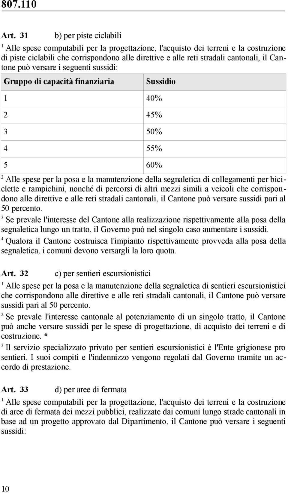 Cantone può versare i seguenti sussidi: Gruppo di capacità finanziaria Sussidio 0% 5% 50% 55% 5 60% Alle spese per la posa e la manutenzione della segnaletica di collegamenti per biciclette e