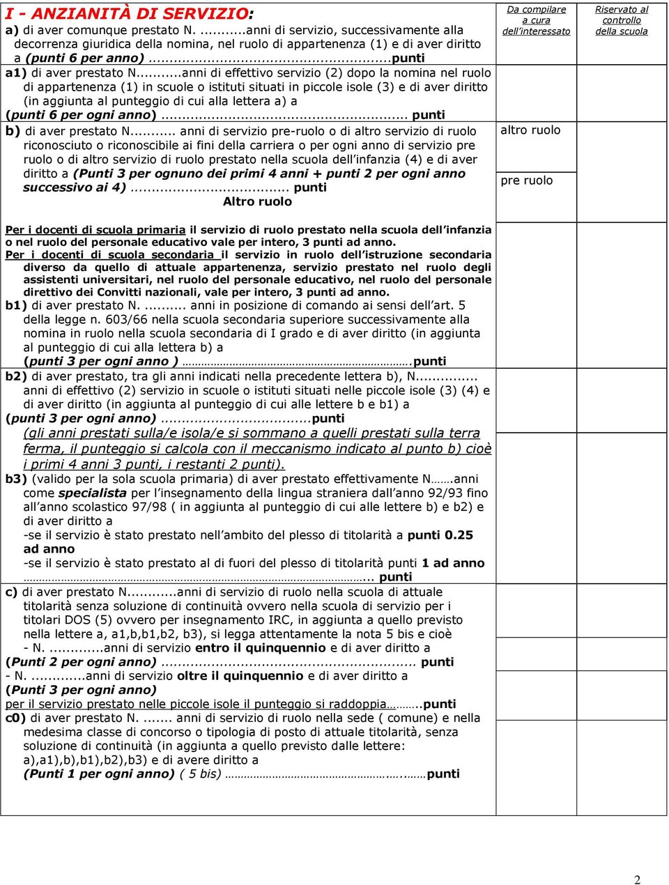 ..anni di effettivo servizio (2) dopo la nomina nel ruolo di appartenenza (1) in scuole o istituti situati in piccole isole (3) e di aver diritto (in aggiunta al punteggio di cui alla lettera a) a