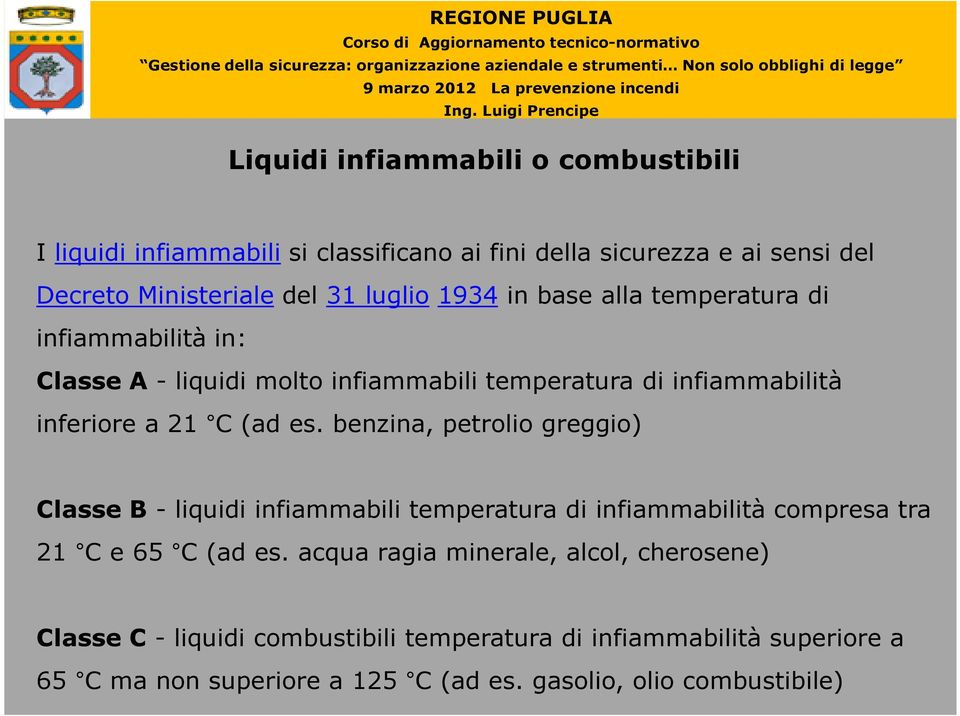 benzina, petrolio greggio) Classe B - liquidi infiammabili temperatura di infiammabilità compresa tra 21 C e 65 C (ad es.