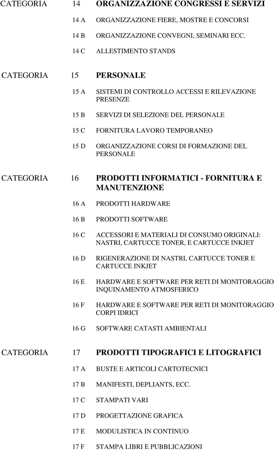 CORSI DI FORMAZIONE DEL PERSONALE CATEGORIA 16 PRODOTTI INFORMATICI - FORNITURA E MANUTENZIONE 16 A PRODOTTI HARDWARE 16 B PRODOTTI SOFTWARE 16 C ACCESSORI E MATERIALI DI CONSUMO ORIGINALI: NASTRI,