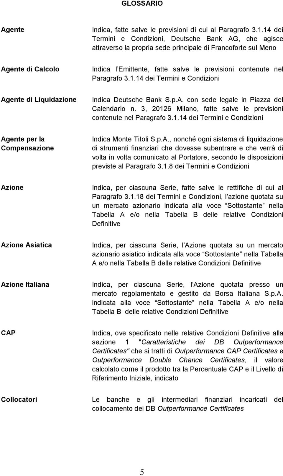 Paragrafo 3.1.14 dei Termini e Condizioni Agente di Liquidazione Indica Deutsche Bank S.p.A. con sede legale in Piazza del Calendario n.