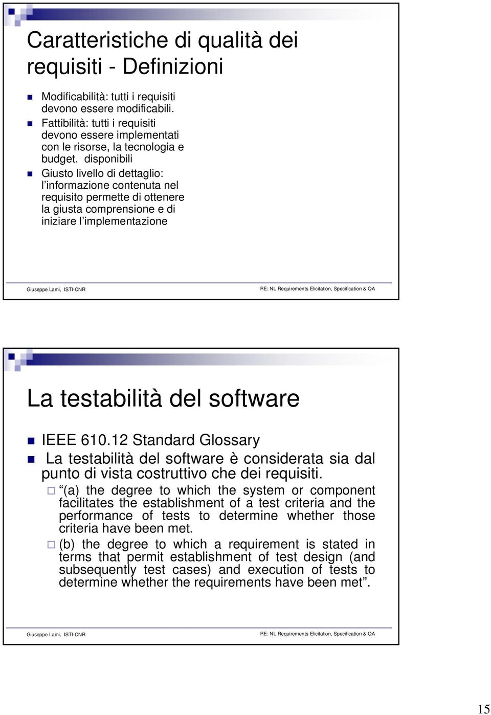 disponibili Giusto livello di dettaglio: l informazione contenuta nel requisito permette di ottenere la giusta comprensione e di iniziare l implementazione La testabilità del software IEEE 610.