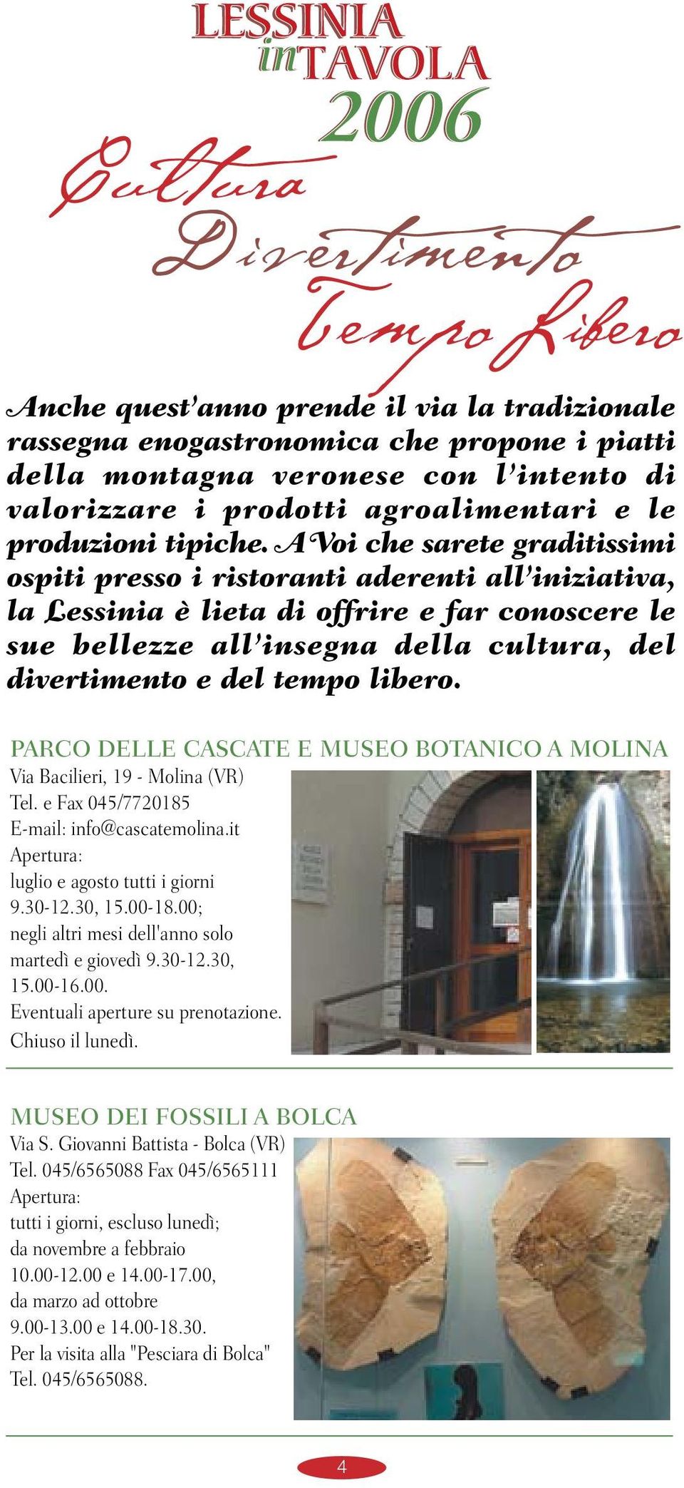 Chiuso il lunedì. MUSEO DEI FOSSILI A BOLCA Via S. Giovanni Battista - Bolca (VR) Tel.