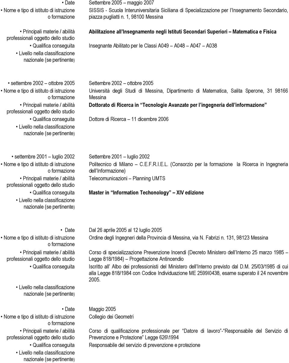 ottobre 2005 Settembre 2002 ottobre 2005 Nome e tipo di istituto di istruzione Università degli Studi di, Dipartimento di Matematica, Salita Sperone, 31 98166 Principali materie / abilità Dottorato