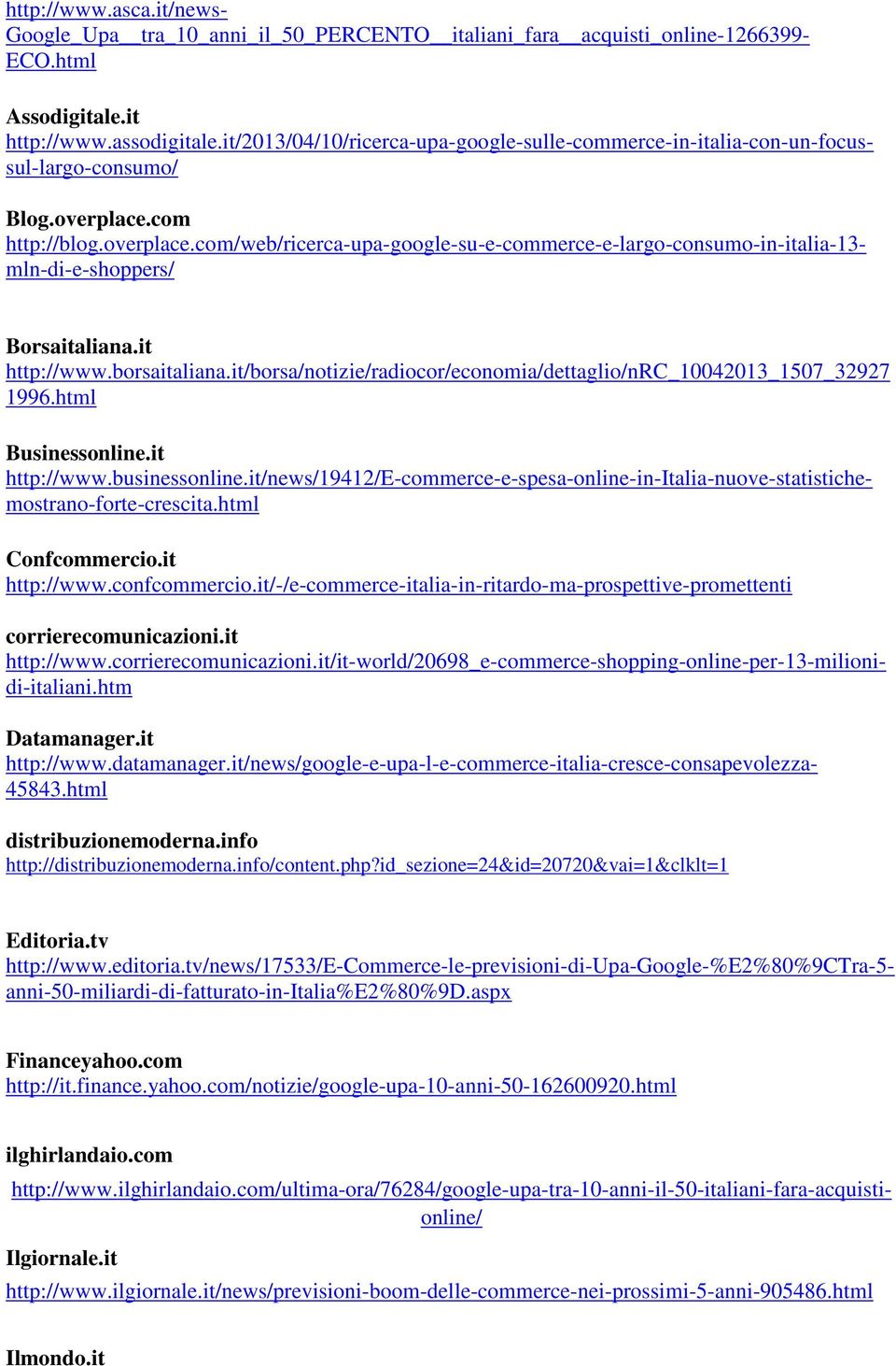 com http://blog.overplace.com/web/ricerca-upa-google-su-e-commerce-e-largo-consumo-in-italia-13- mln-di-e-shoppers/ Borsaitaliana.it http://www.borsaitaliana.