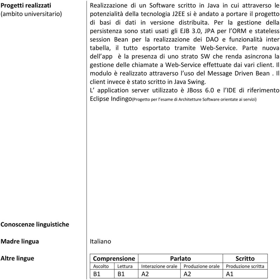 0, JPA per l ORM e stateless session Bean per la realizzazione dei DAO e funzionalità inter tabella, il tutto esportato tramite Web-Service.