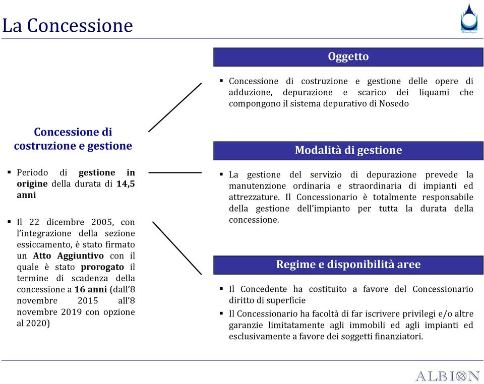 il termine di scadenza della concessione a 16 anni (dall 8 novembre 2015 all 8 novembre 2019 con opzione al 2020) Modalità di gestione La gestione del servizio di depurazione prevede la manutenzione