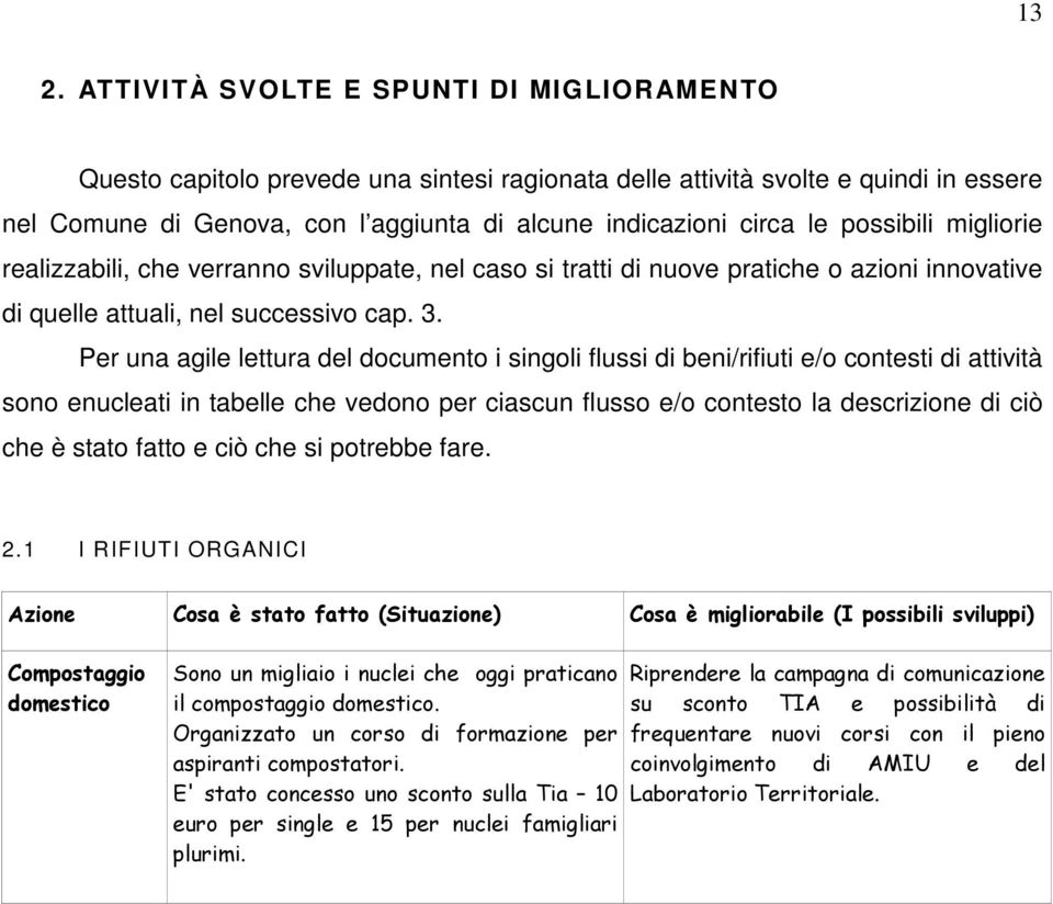 Per una agile lettura del documento i singoli flussi di beni/rifiuti e/o contesti di attività sono enucleati in tabelle che vedono per ciascun flusso e/o contesto la descrizione di ciò che è stato