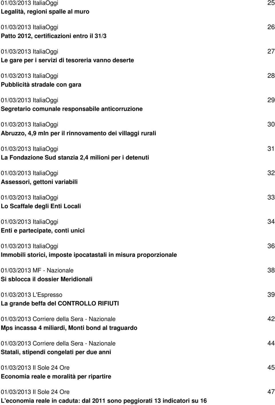 ItaliaOggi La Fondazione Sud stanzia 2,4 milioni per i detenuti 01/03/2013 ItaliaOggi Assessori, gettoni variabili 01/03/2013 ItaliaOggi Lo Scaffale degli Enti Locali 01/03/2013 ItaliaOggi Enti e