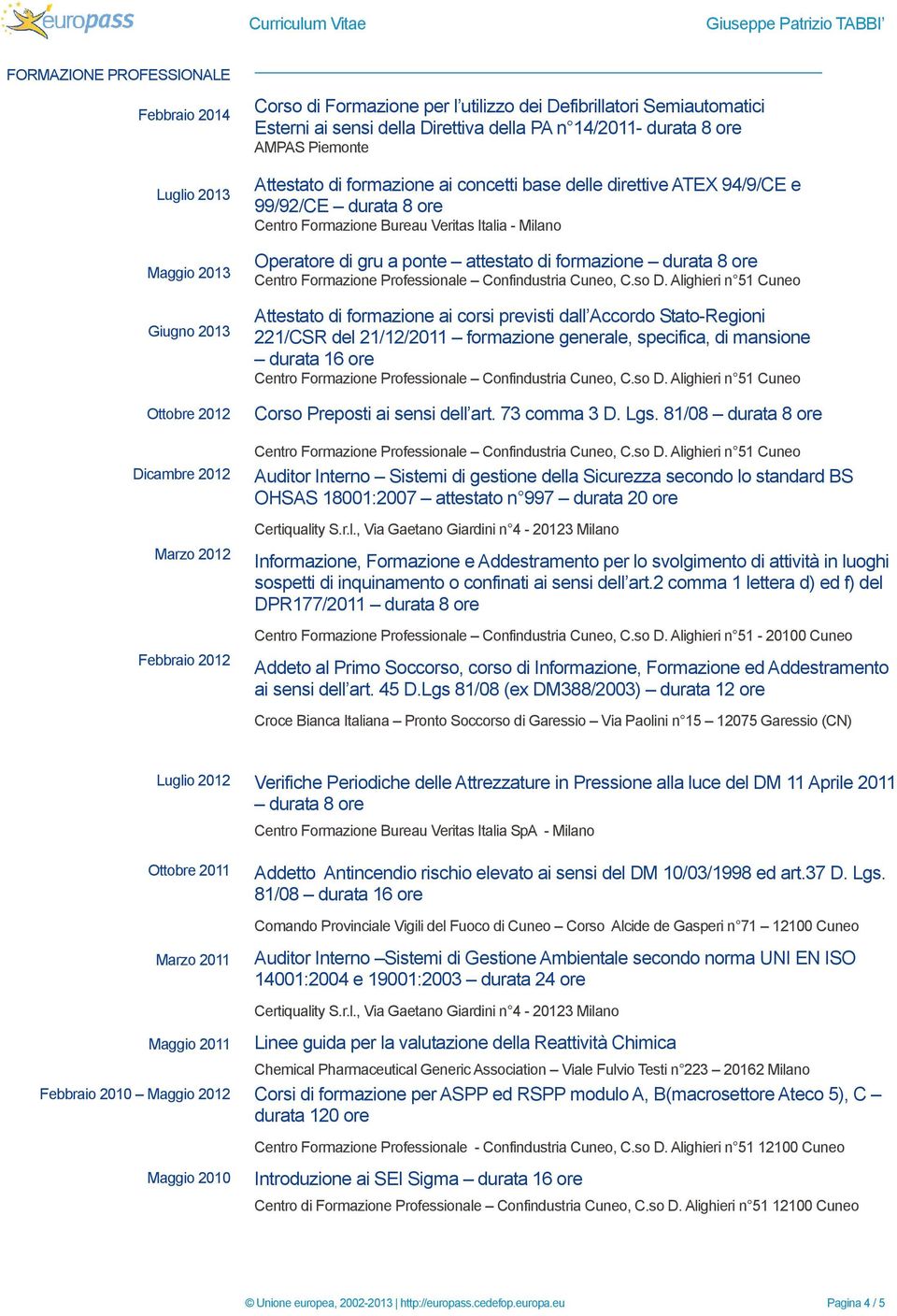 Veritas Italia - Milano Operatore di gru a ponte attestato di formazione durata 8 ore Attestato di formazione ai corsi previsti dall Accordo Stato-Regioni 221/CSR del 21/12/2011 formazione generale,