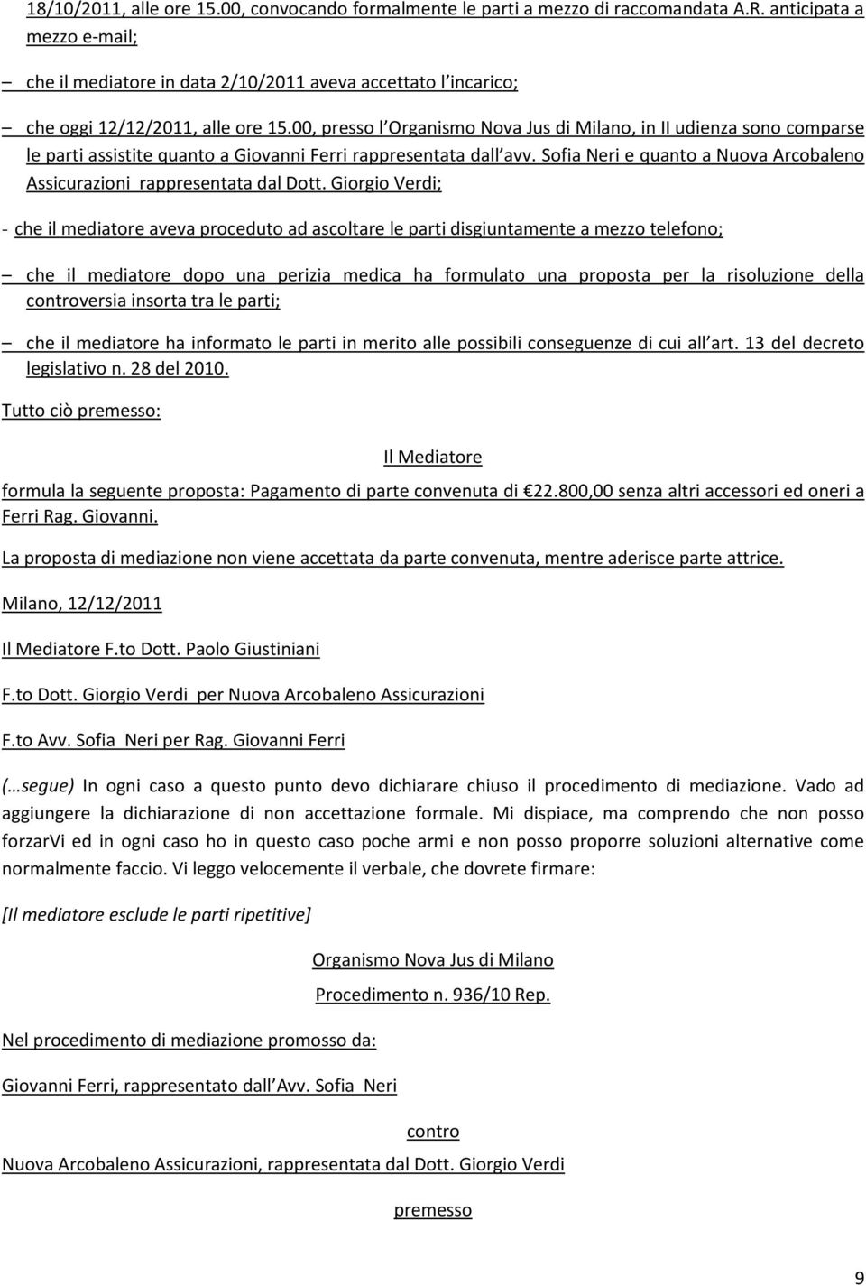 00, presso l Organismo Nova Jus di Milano, in II udienza sono comparse le parti assistite quanto a Giovanni Ferri rappresentata dall avv.