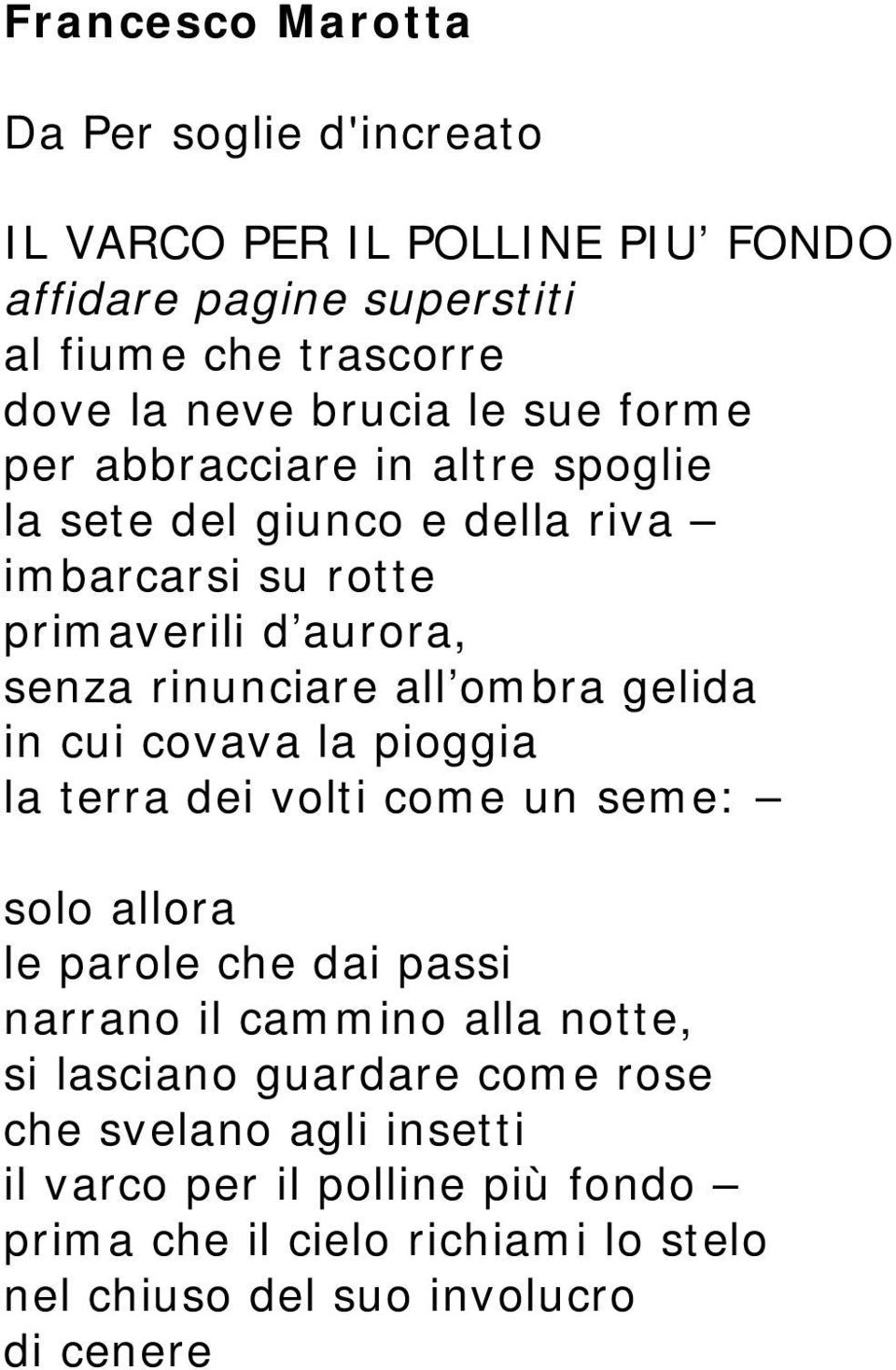 gelida in cui covava la pioggia la terra dei volti come un seme: solo allora le parole che dai passi narrano il cammino alla notte, si lasciano