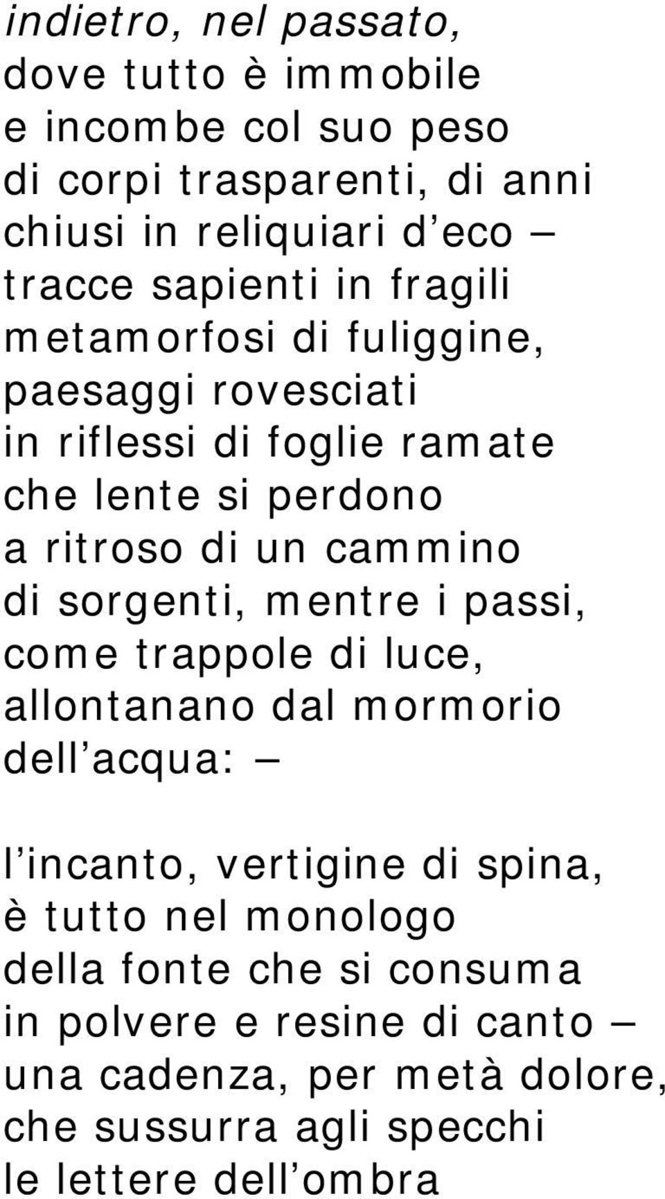 cammino di sorgenti, mentre i passi, come trappole di luce, allontanano dal mormorio dell acqua: l incanto, vertigine di spina, è tutto