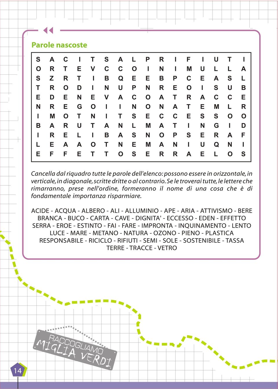 parole dell'elenco: possono essere in orizzontale, in verticale, in diagonale, scritte dritte o al contrario.