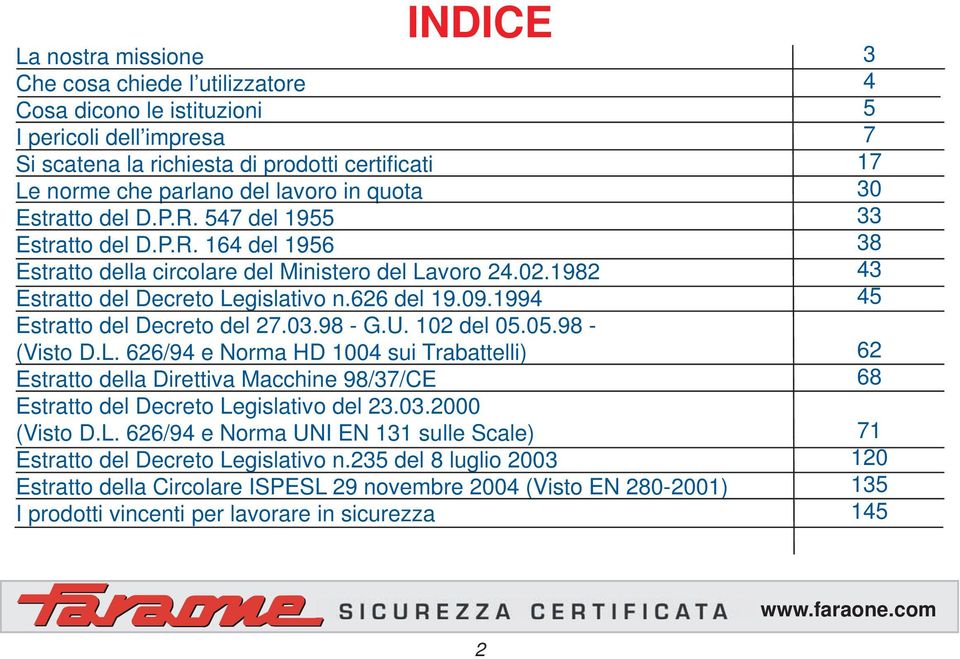 1994 Estratto del Decreto del 27.03.98 - G.U. 102 del 05.05.98 - (Visto D.L. 626/94 e Norma HD 1004 sui Trabattelli) Estratto della Direttiva Macchine 98/37/CE Estratto del Decreto Legislativo del 23.