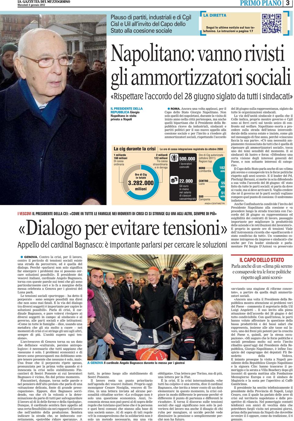 DELLA REPUBBLICA Giorgio Napolitano in visita privata a Napoli La cig durante la crisi 1 miliardo 160 milioni Di cassa ordinaria Ore di Cig in totale 3282000 milioni l ROMA Ancora una volta applausi,