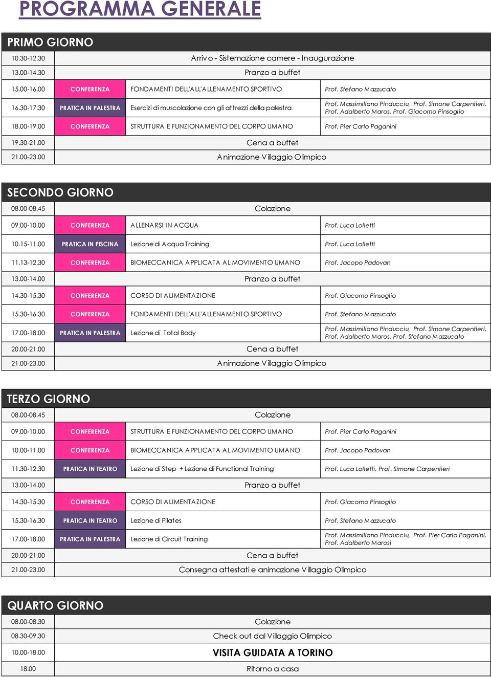 Giacomo Pinsoglio 18.00-19.00 CONFERENZA STRUTTURA E FUNZIONAMENTO DEL CORPO UMANO Prof. Pier Carlo Paganini 19.30-21.00 21.00-23.00 Cena a buffet Animazione Villaggio Olimpico SECONDO GIORNO 08.