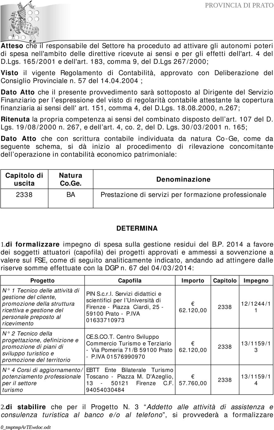 4.24 ; Dato Atto che il presente provvedimento sarà sottoposto al Dirigente del Servizio Finanziario per l espressione del visto di regolarità contabile attestante la copertura finanziaria ai sensi