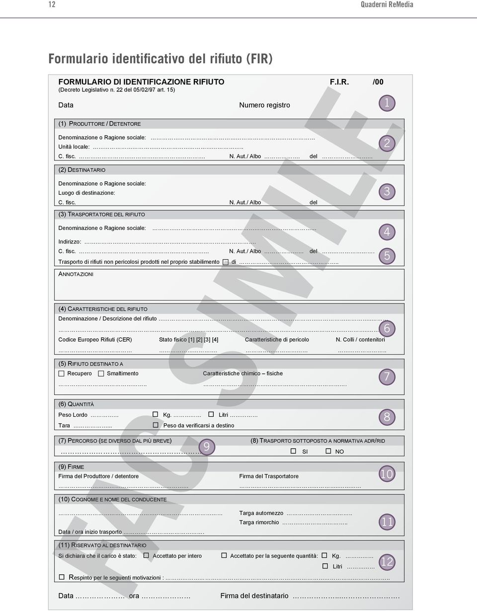 del (2) DESTINATARIO Denominazione o Ragione sociale: Luogo di destinazione: C. fisc. N. Aut./ Albo del (3) TRASPORTATORE DEL RIFIUTO Denominazione o Ragione sociale: Indirizzo:. C. fisc. N. Aut./ Albo del. Trasporto di rifiuti non pericolosi prodotti nel proprio stabilimento di.
