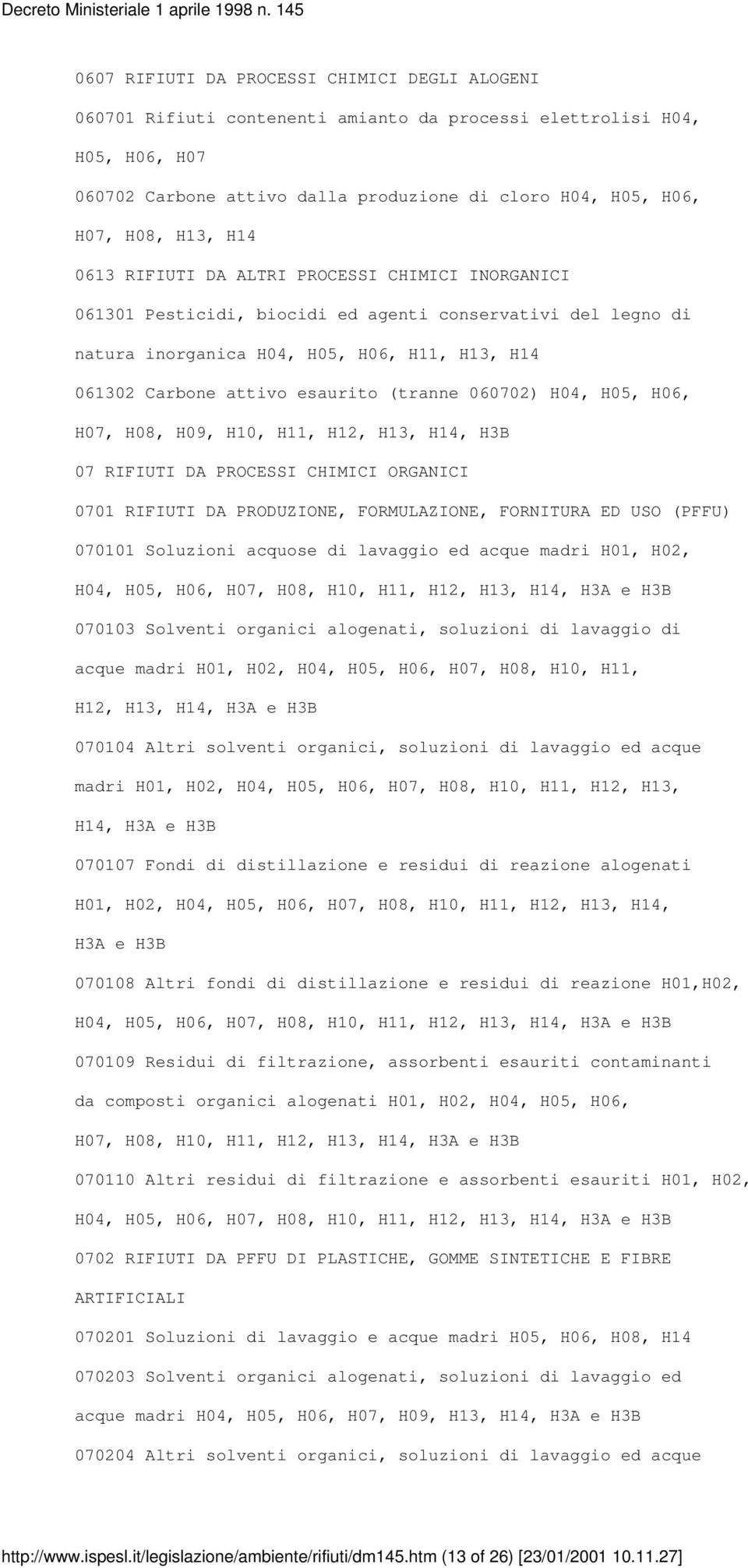 (tranne 060702) H04, H05, H06, H07, H08, H09, H10, H11, H12, H13, H14, H3B 07 RIFIUTI DA PROCESSI CHIMICI ORGANICI 0701 RIFIUTI DA PRODUZIONE, FORMULAZIONE, FORNITURA ED USO (PFFU) 070101 Soluzioni