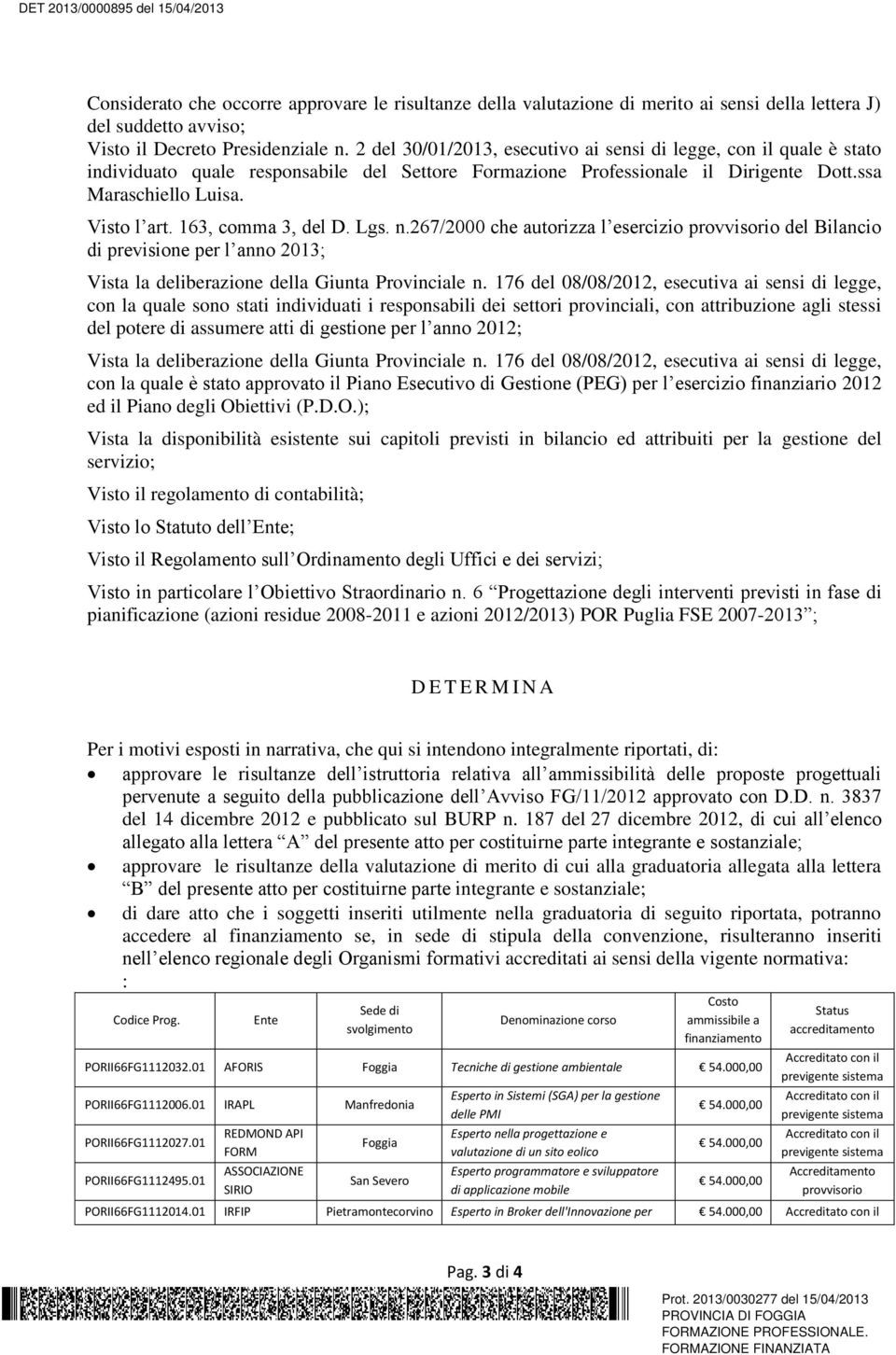 163, comma 3, del D. Lgs. n.267/2000 che autorizza l esercizio provvisorio del Bilancio di previsione per l anno 2013; Vista la deliberazione della Giunta Provinciale n.