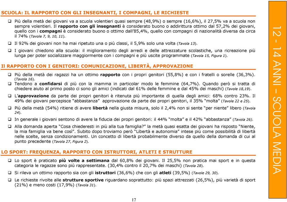 diversa da circa il 74% (Tavole 7, 9, 10, 11). Il 92% dei giovani non ha mai ripetuto una o più classi, il 5,9% solo una volta (Tavola 13).