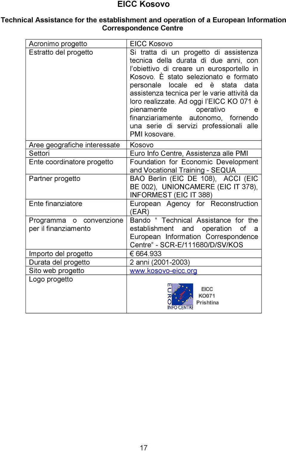 Ad oggi l EICC KO 071 è pienamente operativo e finanziariamente autonomo, fornendo una serie di servizi professionali alle PMI kosovare.