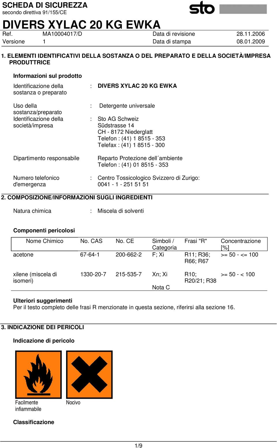 Telefax : (41) 1 8515-300 Reparto Protezione dell ambiente Telefon : (41) 01 8515-353 : Centro Tossicologico Svizzero di Zurigo: 0041-1 - 251 51 51 2.