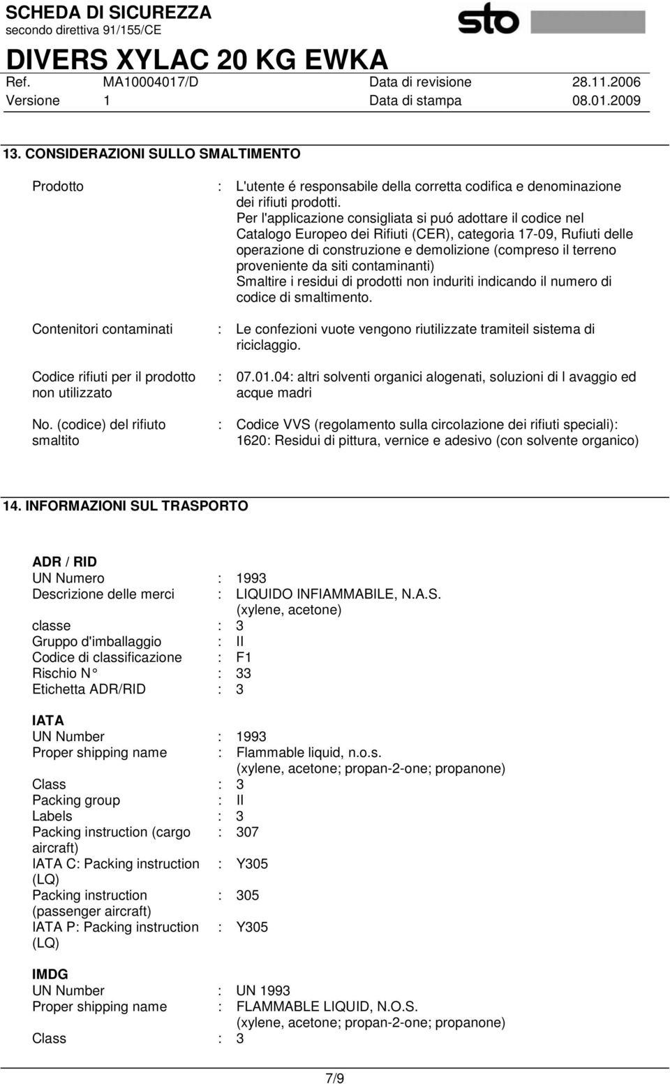 proveniente da siti contaminanti) Smaltire i residui di prodotti non induriti indicando il numero di codice di smaltimento.