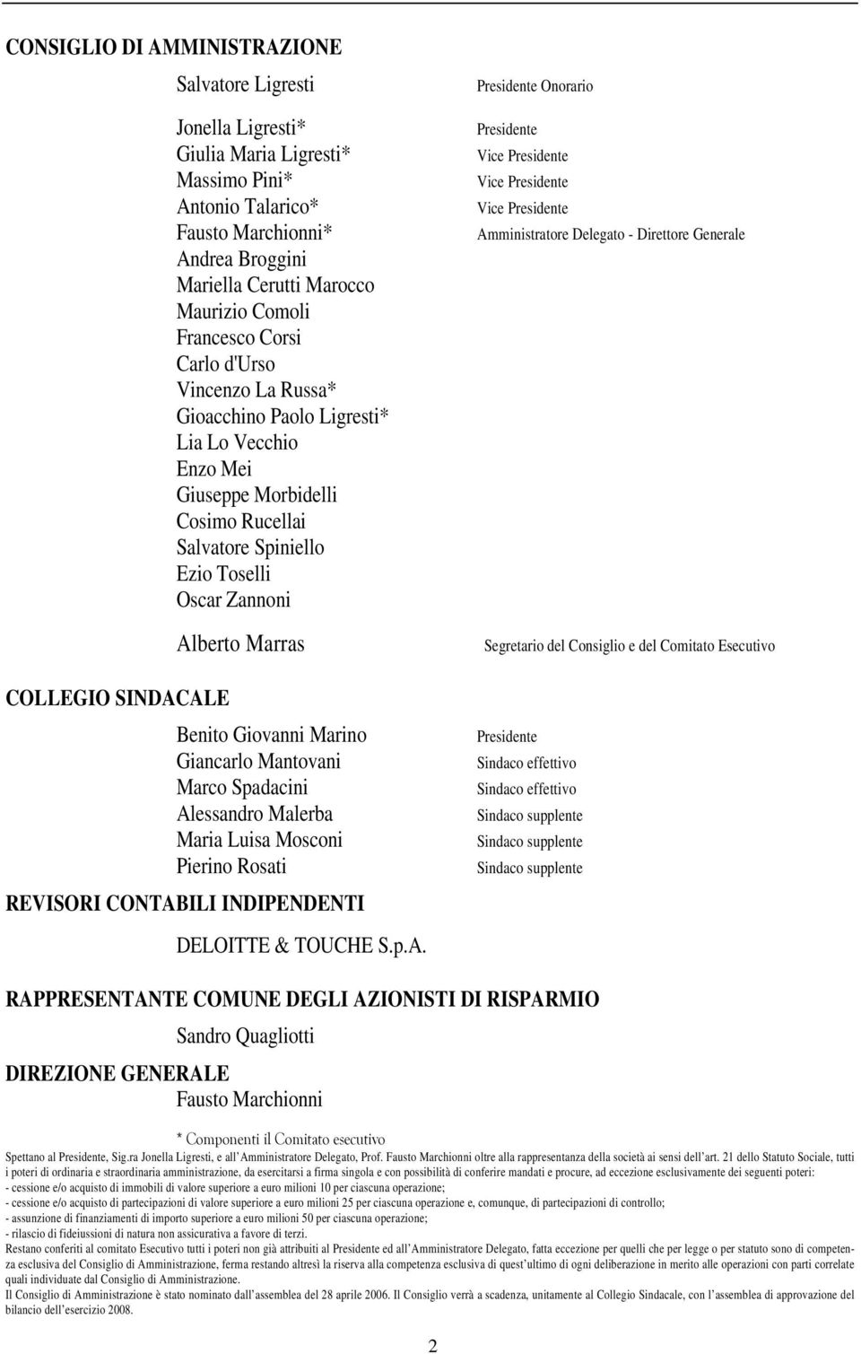 Alberto Marras Benito Giovanni Marino Giancarlo Mantovani Marco Spadacini Alessandro Malerba Maria Luisa Mosconi Pierino Rosati REVISORI CONTABILI INDIPENDENTI DELOITTE & TOUCHE S.p.A. Presidente