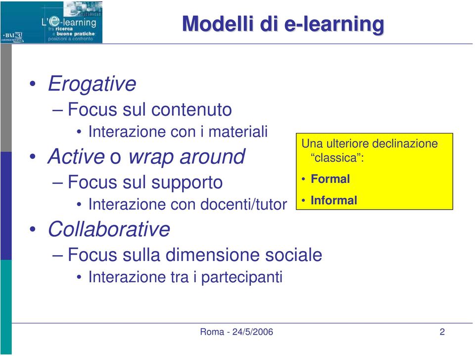 docenti/tutor Collaborative Focus sulla dimensione sociale Interazione tra