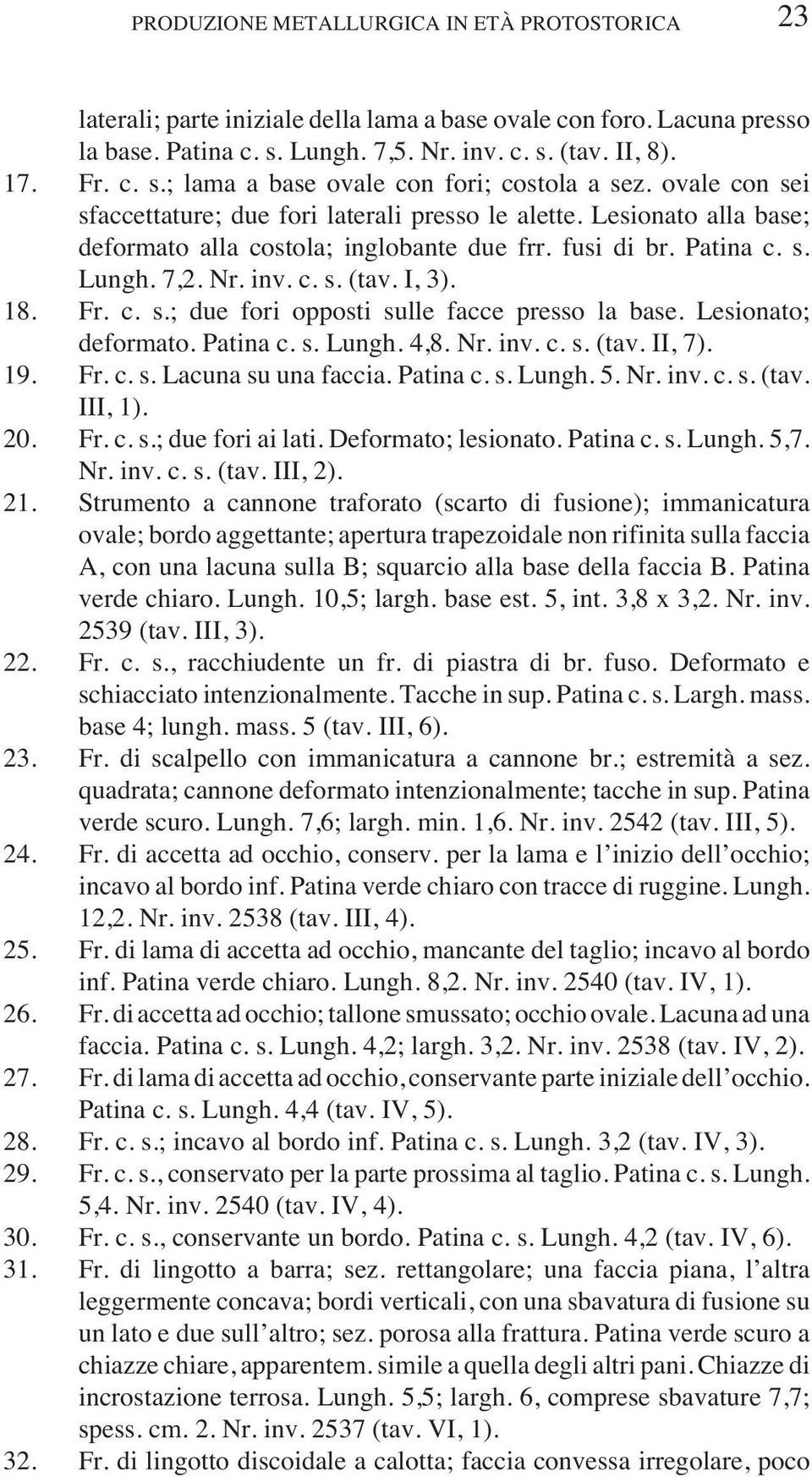 Fr. c. s.; due fori opposti sulle facce presso la base. Lesionato; deformato. Patina c. s. Lungh. 4,8. Nr. inv. c. s. (tav. II, 7). 19. Fr. c. s. Lacuna su una faccia. Patina c. s. Lungh. 5. Nr. inv. c. s. (tav. III, 1).