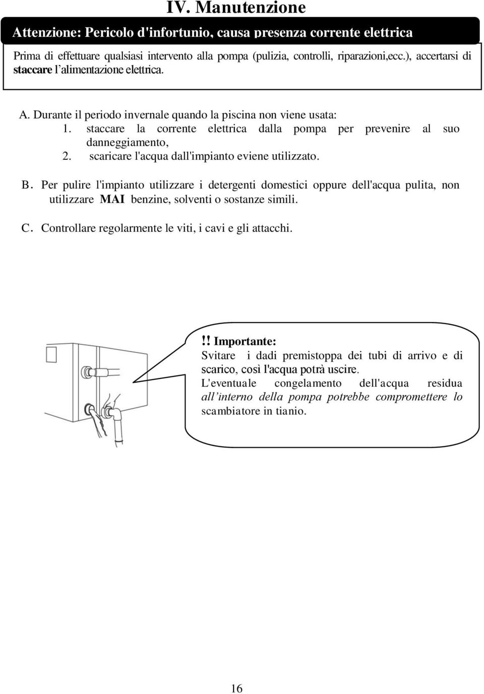 staccare la corrente elettrica dalla pompa per prevenire al suo danneggiamento, 2. scaricare l'acqua dall'impianto eviene utilizzato. B.