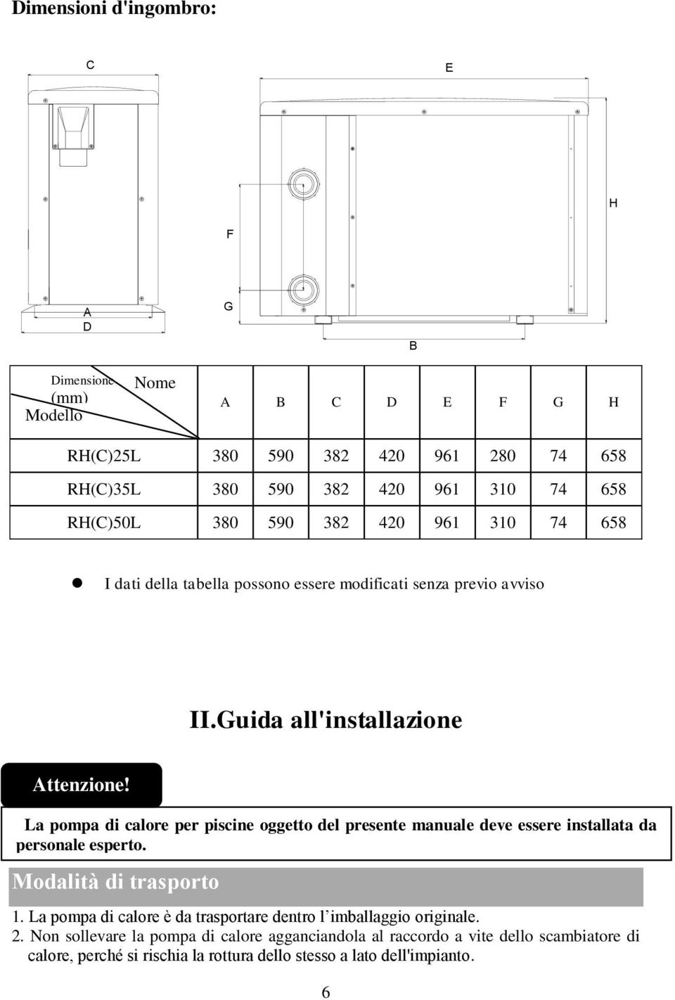 La pompa di calore per piscine oggetto del presente manuale deve essere installata da personale esperto. Modalità di trasporto 1.