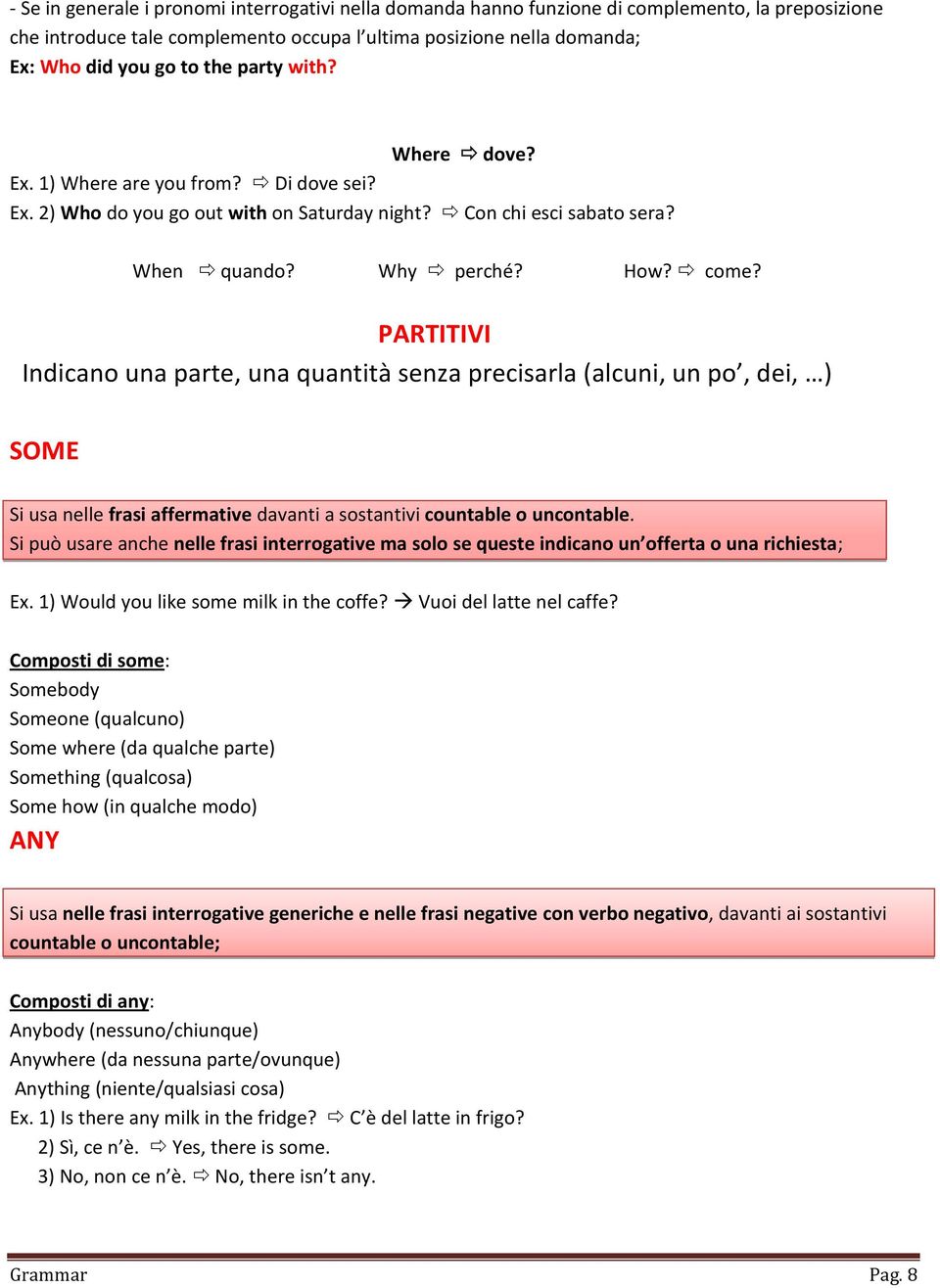 PARTITIVI Indicano una parte, una quantità senza precisarla (alcuni, un po, dei, ) SOME Si usa nelle frasi affermative davanti a sostantivi countable o uncontable.