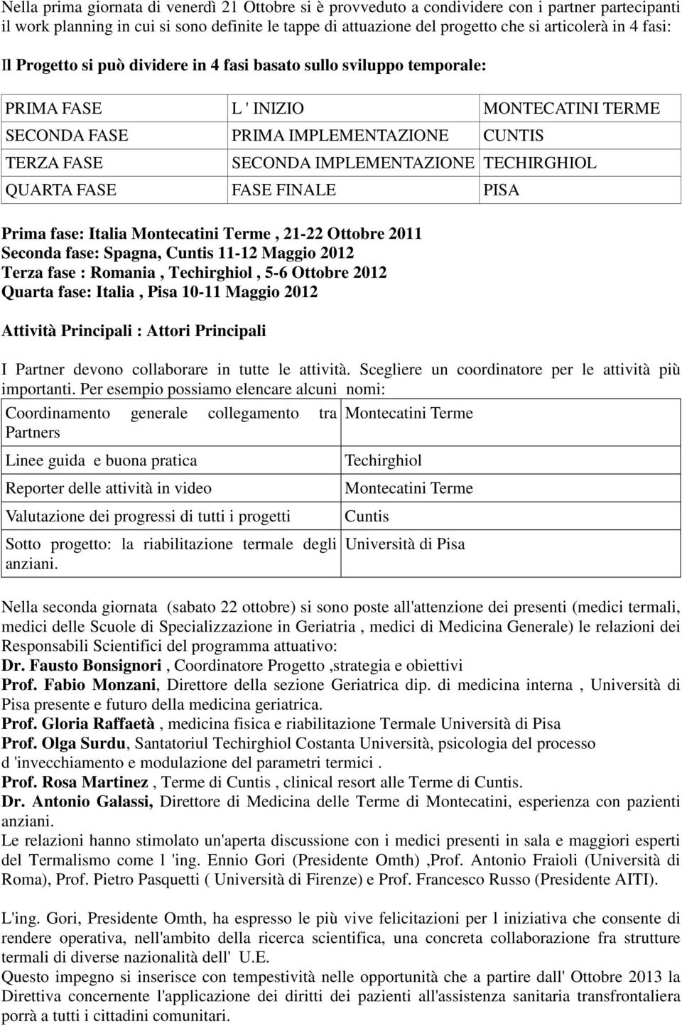 TECHIRGHIOL QUARTA FASE FASE FINALE PISA Prima fase: Italia Montecatini Terme, 21-22 Ottobre 2011 Seconda fase: Spagna, Cuntis 11-12 Maggio 2012 Terza fase : Romania, Techirghiol, 5-6 Ottobre 2012