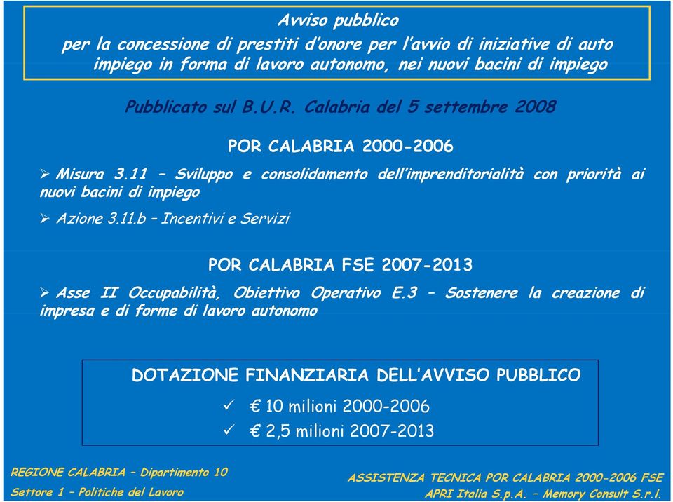 11 Sviluppo e consolidamento dell imprenditorialità con priorità ai nuovi bacini i di impiegoi Azione 3.11.b Incentivi e Servizi POR CALABRIA FSE 2007-2013 Asse II Occupabilità, Obiettivo Operativo E.