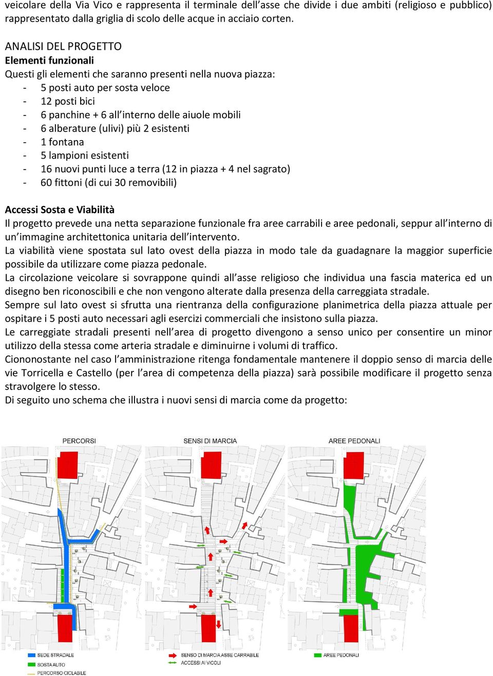 - 6 alberature (ulivi) più 2 esistenti - 1 fontana - 5 lampioni esistenti - 16 nuovi punti luce a terra (12 in piazza + 4 nel sagrato) - 60 fittoni (di cui 30 removibili) Accessi Sosta e Viabilità Il