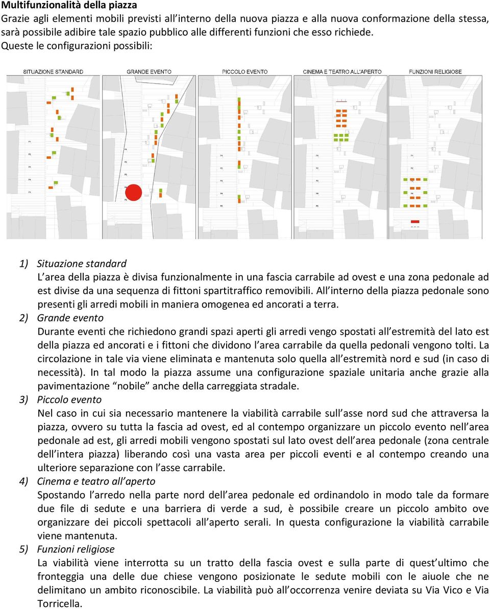 Queste le configurazioni possibili: 1) Situazione standard L area della piazza è divisa funzionalmente in una fascia carrabile ad ovest e una zona pedonale ad est divise da una sequenza di fittoni