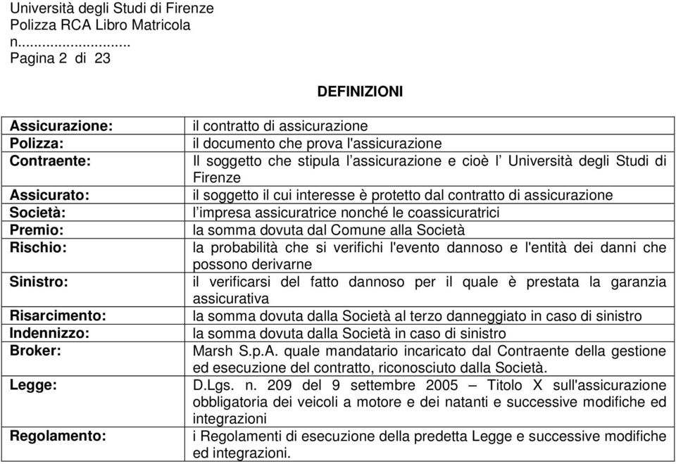 assicuratrice nonché le coassicuratrici la somma dovuta dal Comune alla Società la probabilità che si verifichi l'evento dannoso e l'entità dei danni che possono derivarne il verificarsi del fatto